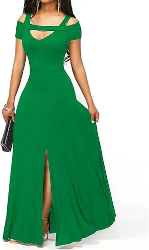 Women Summer V Neck Strap Short Sleeve Shoulder Party Slit Dress Fashion Spring Cocktail Dresses 2025