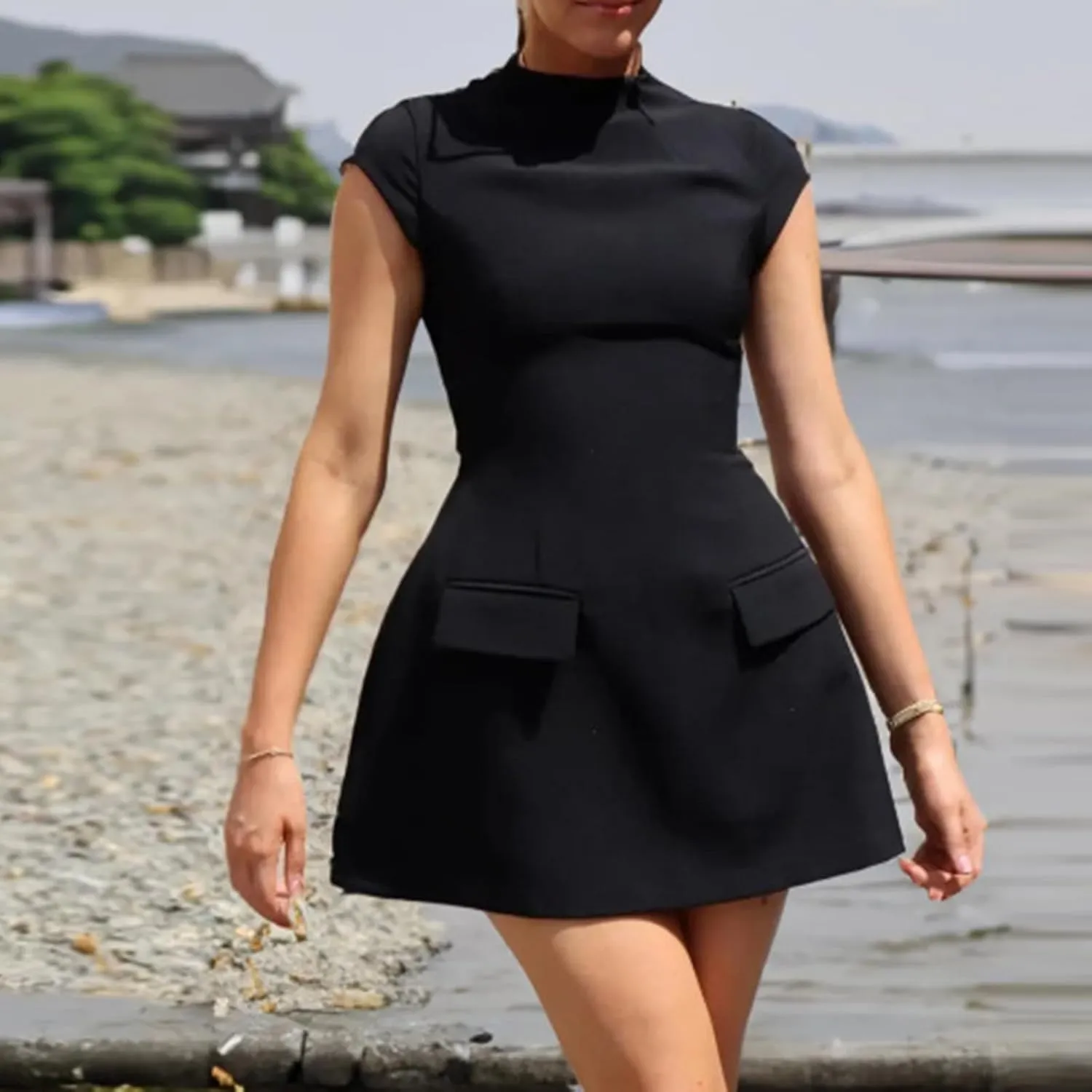 Women Vintage Mock Neck Flare Mini Dress Summer Short Sleeve A-line Swing Dress Cocktail Prom Dress