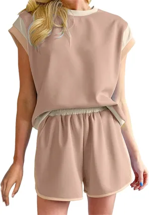 Womens 2 Piece Lounge Sets Cap Sleeve Pullover Top and Matching Shorts Contrast Color Outfit Casual Summer Tracksuits