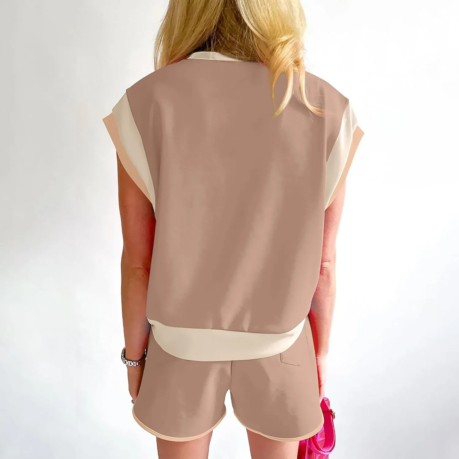 Womens 2 Piece Lounge Sets Cap Sleeve Pullover Top and Matching Shorts Contrast Color Outfit Casual Summer Tracksuits