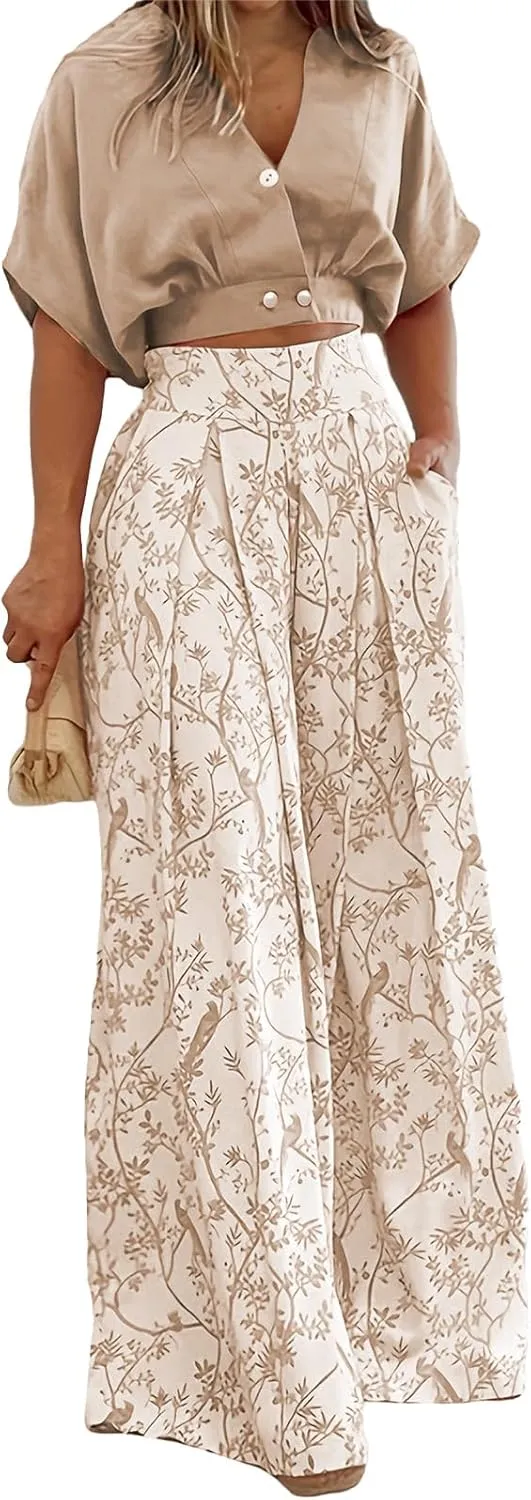 Womens 2 Piece Sets Casual Short Sleeved V Neck Shirts Elastic Waist Floral Lightweight Palazzo Pants Vacation Set