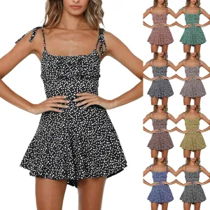 Womens 2025 Summer Floral Mini Dress Boho Flowy Skater Dresses Short Sleeveless Ruffle Spaghetti Strap Dress