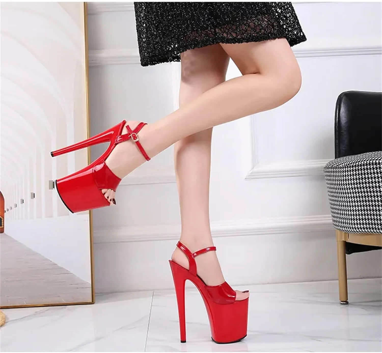 Women's 20cm Beige Sandals - Black Pole Dance Party Wedding Platforms