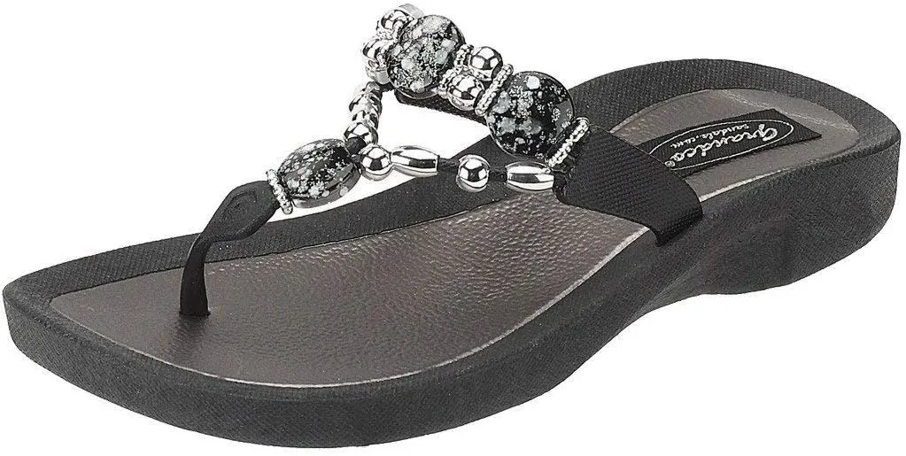 Women's 25542E Expression Beaded Waterproof Molded Sole Beach Thong Sandals Platform, Black, 10