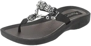 Women's 25542E Expression Beaded Waterproof Molded Sole Beach Thong Sandals Platform, Black, 7