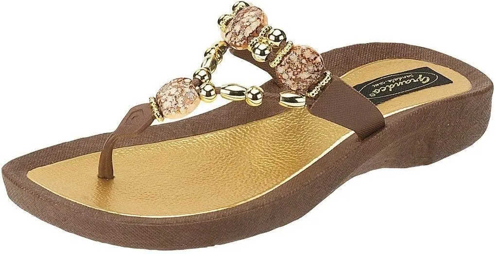 Women's 25542E Expression Beaded Waterproof Molded Sole Beach Thong Sandals Platform, Brown, 7