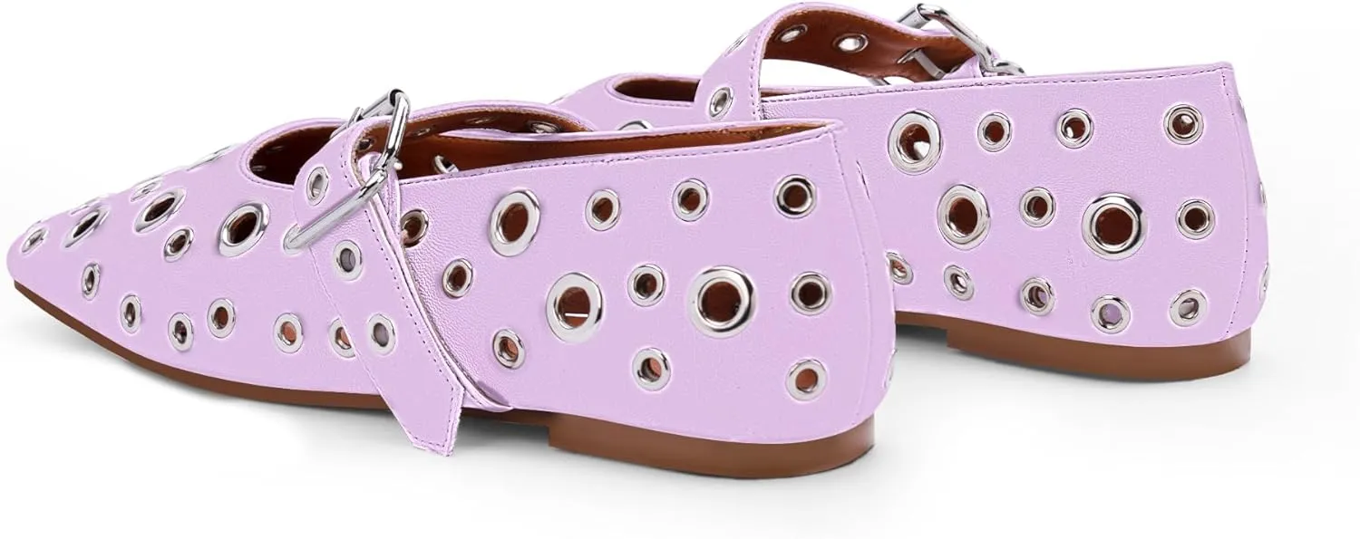 Women's Ballet Flats Studded Metal Eyelet Buckle Perforated Mary Jane Shoes