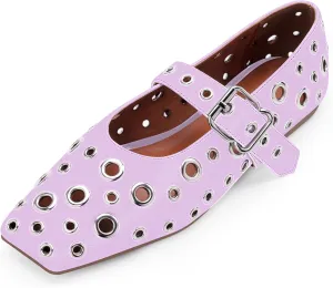 Women's Ballet Flats Studded Metal Eyelet Buckle Perforated Mary Jane Shoes