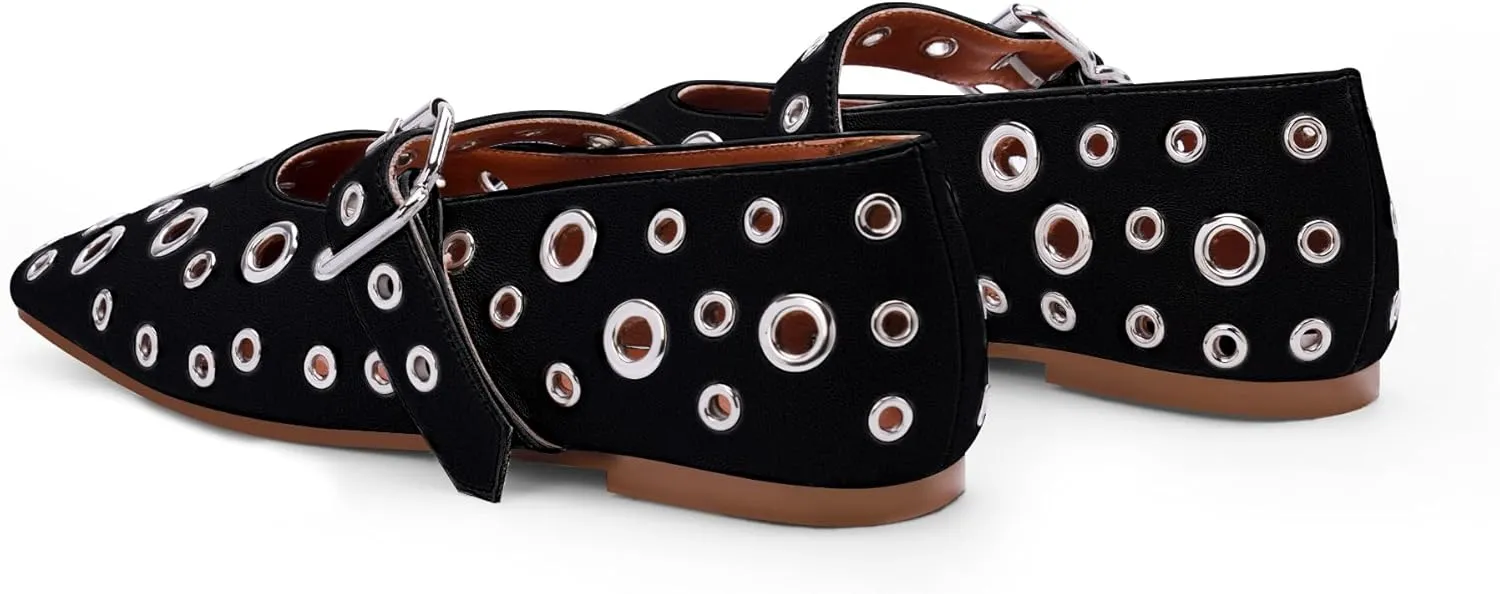 Women's Ballet Flats Studded Metal Eyelet Buckle Perforated Mary Jane Shoes
