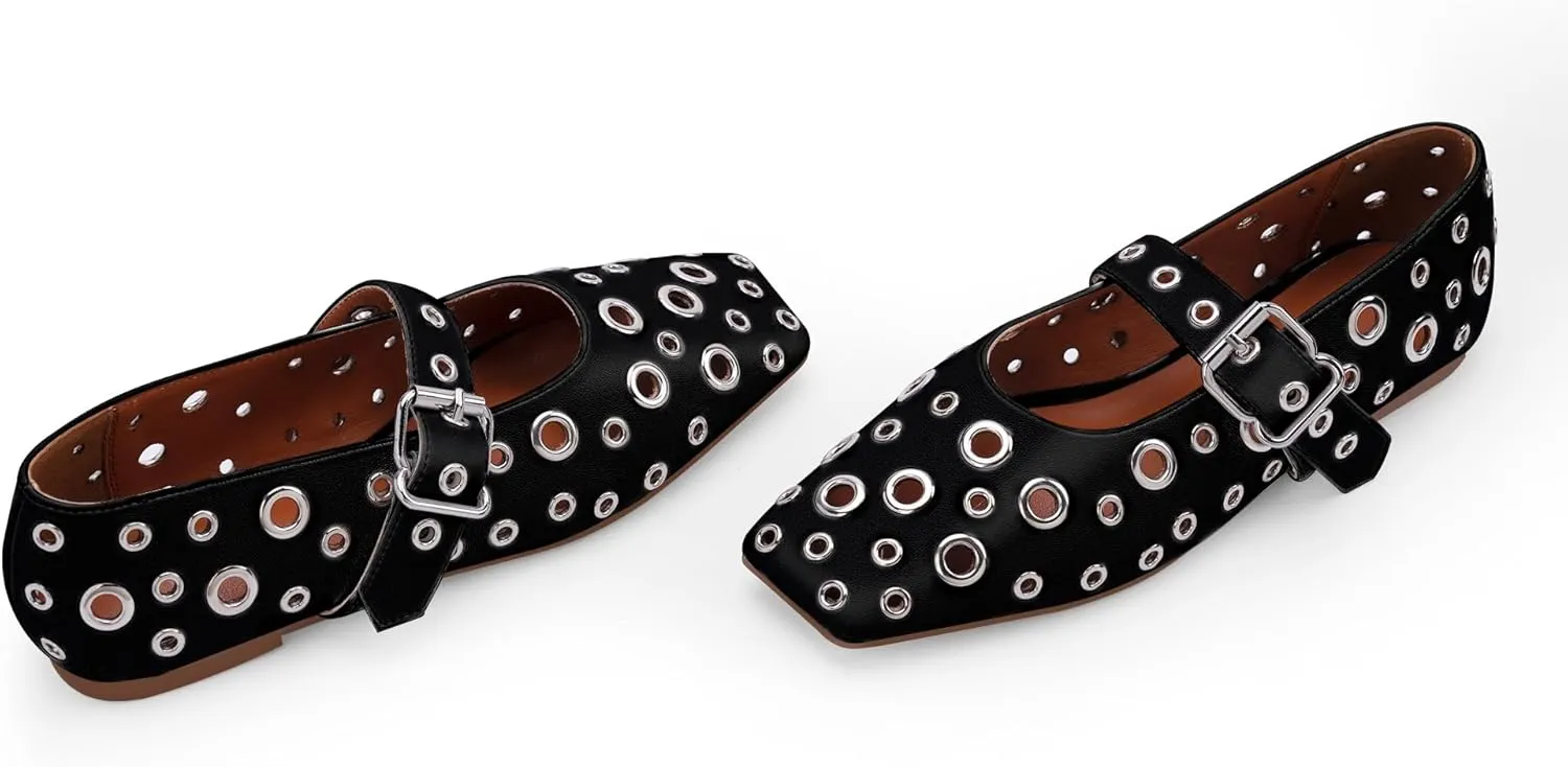 Women's Ballet Flats Studded Metal Eyelet Buckle Perforated Mary Jane Shoes