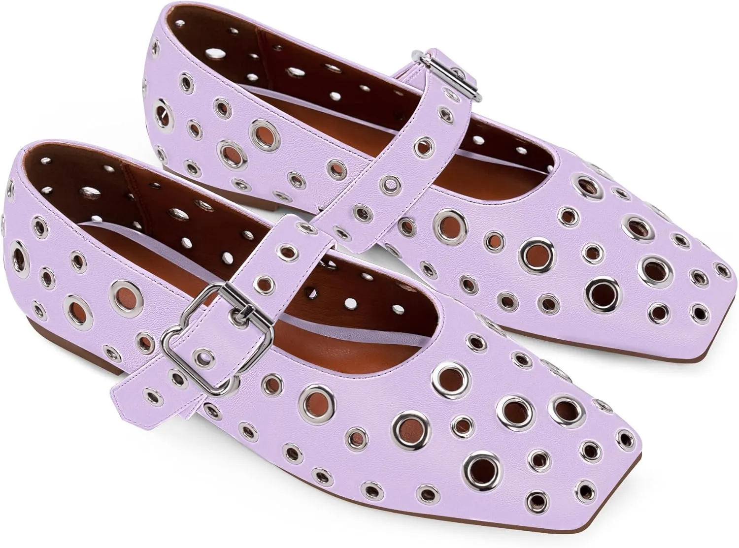 Women's Ballet Flats Studded Metal Eyelet Buckle Perforated Mary Jane Shoes