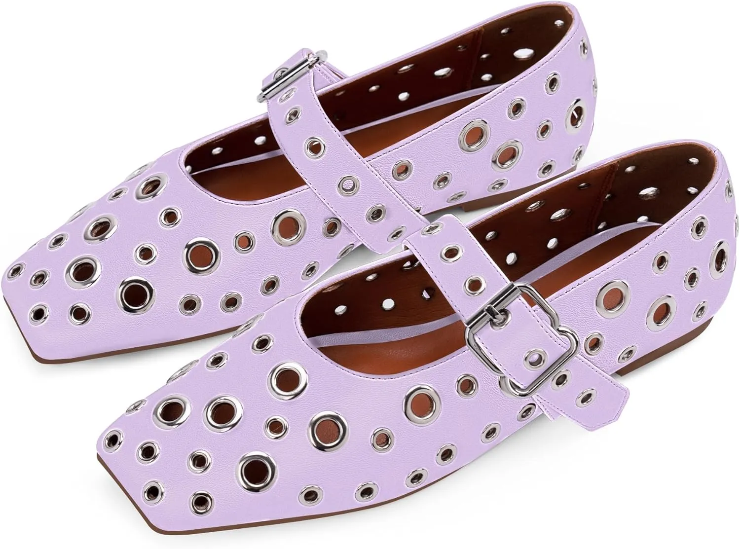 Women's Ballet Flats Studded Metal Eyelet Buckle Perforated Mary Jane Shoes