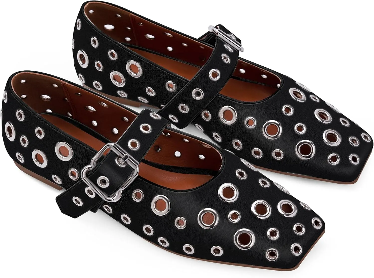 Women's Ballet Flats Studded Metal Eyelet Buckle Perforated Mary Jane Shoes