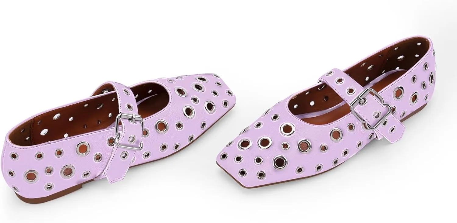 Women's Ballet Flats Studded Metal Eyelet Buckle Perforated Mary Jane Shoes