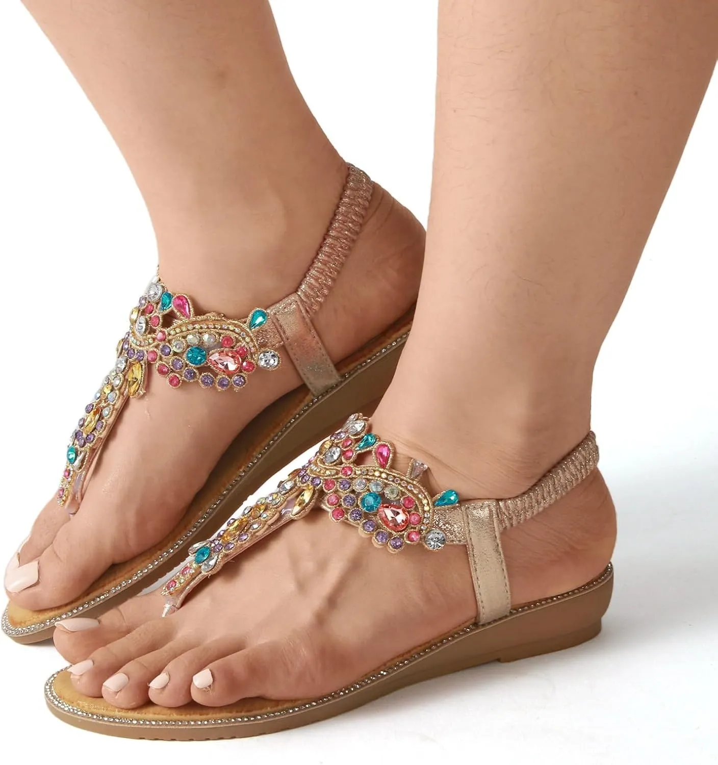 Women's Bohemian Ethnic Sandals Arch Support Rhinestone Dressy Sandals Summer Temperament Sandal for Women