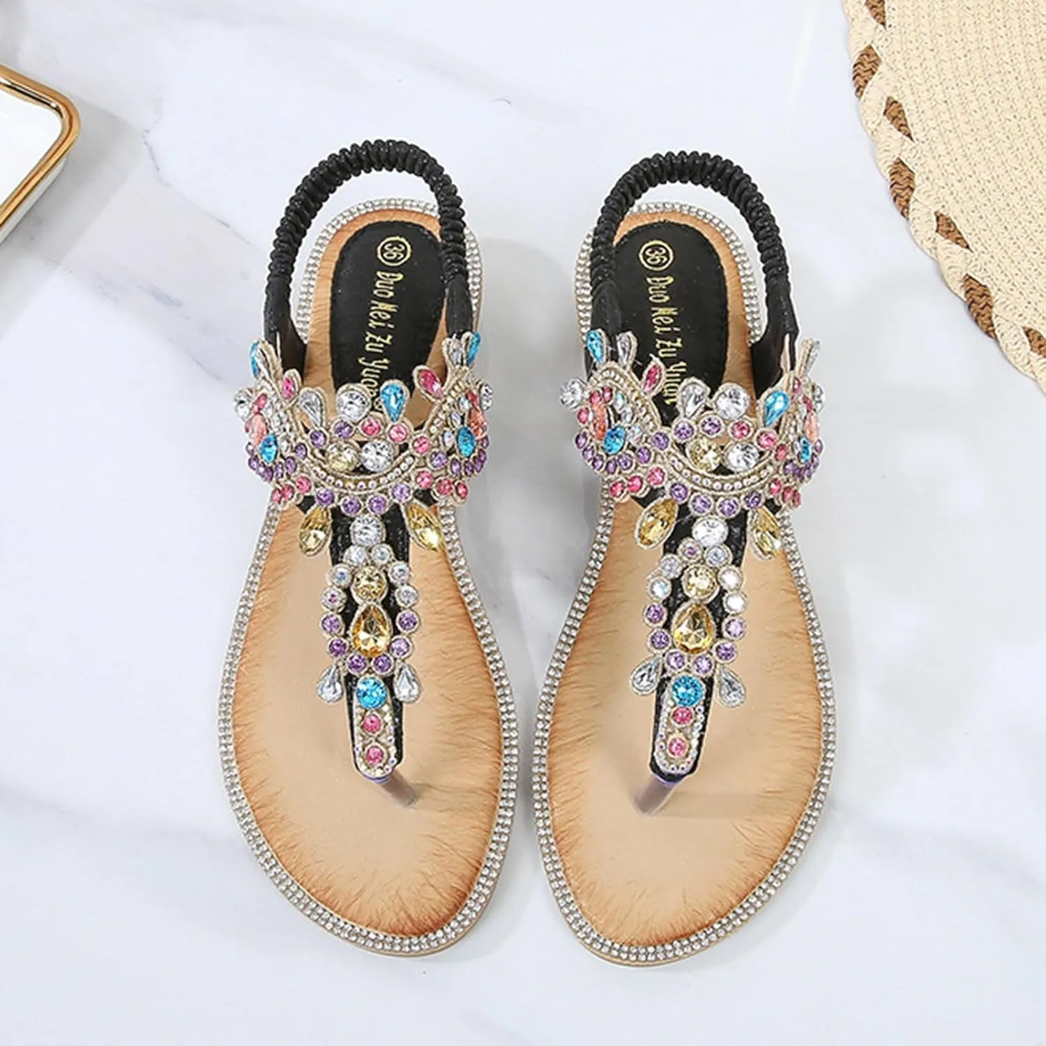 Women's Bohemian Ethnic Sandals Arch Support Rhinestone Dressy Sandals Summer Temperament Sandal for Women