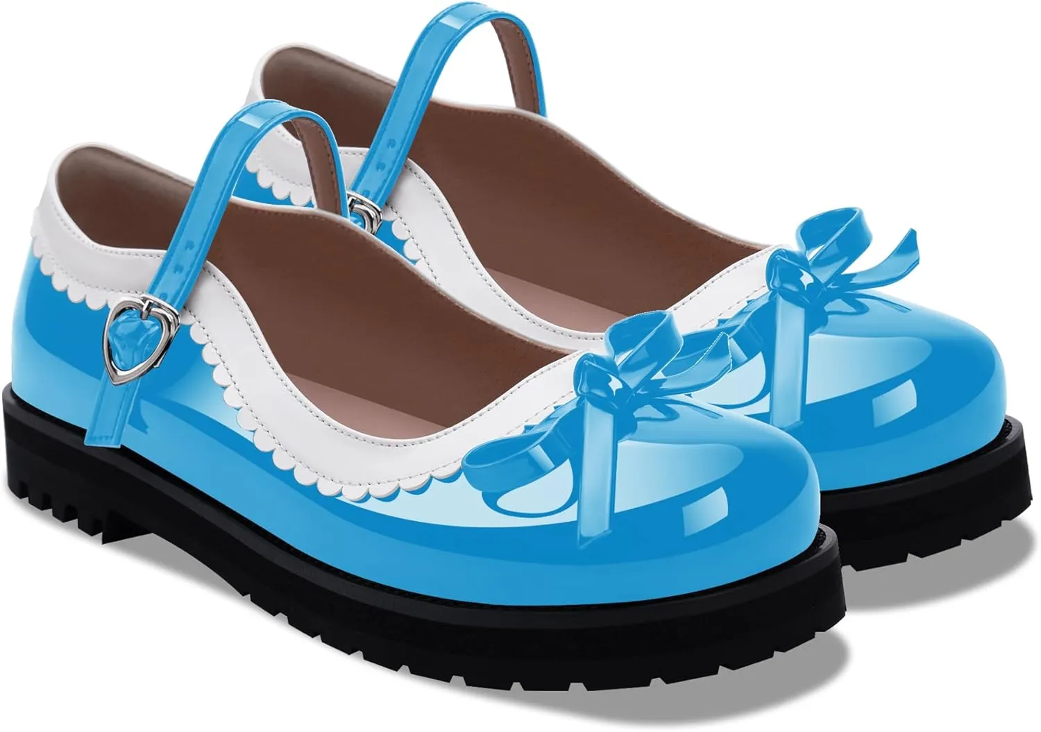 Women's Bow Patent Leather Platform Mary Janes Ankle Strap Closed Toe Kawaii Goth Uniform Flats