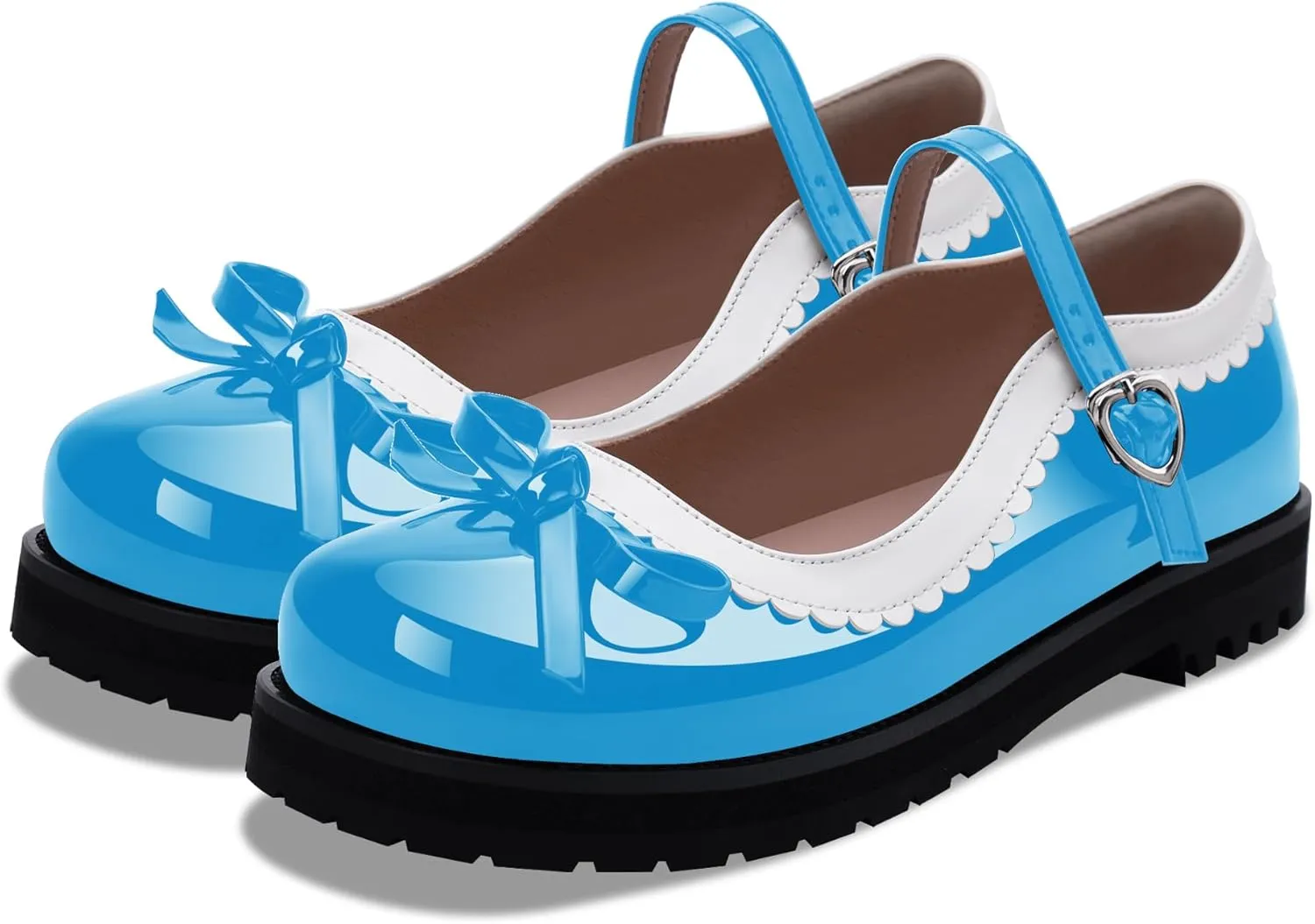 Women's Bow Patent Leather Platform Mary Janes Ankle Strap Closed Toe Kawaii Goth Uniform Flats