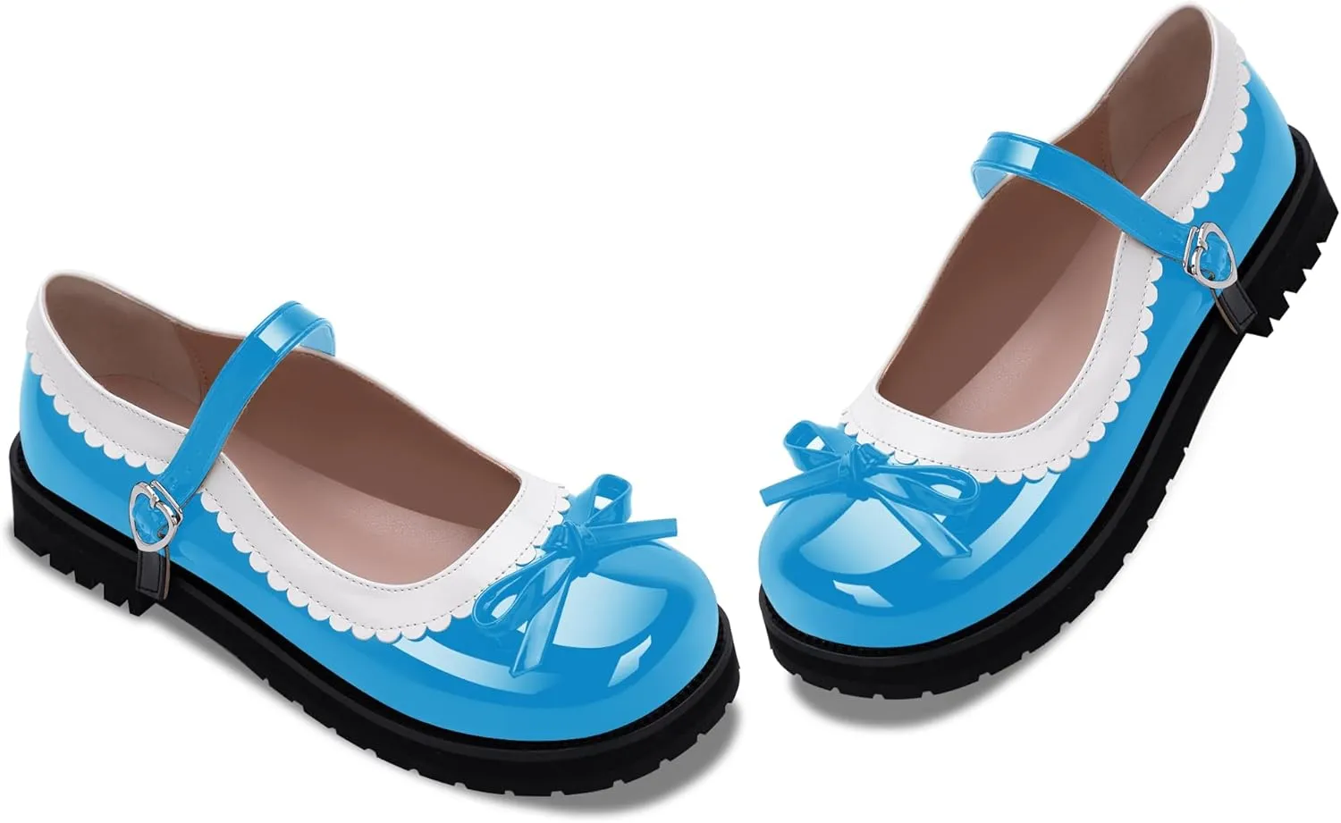 Women's Bow Patent Leather Platform Mary Janes Ankle Strap Closed Toe Kawaii Goth Uniform Flats