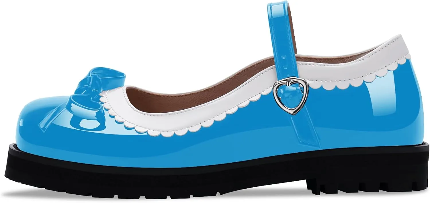 Women's Bow Patent Leather Platform Mary Janes Ankle Strap Closed Toe Kawaii Goth Uniform Flats