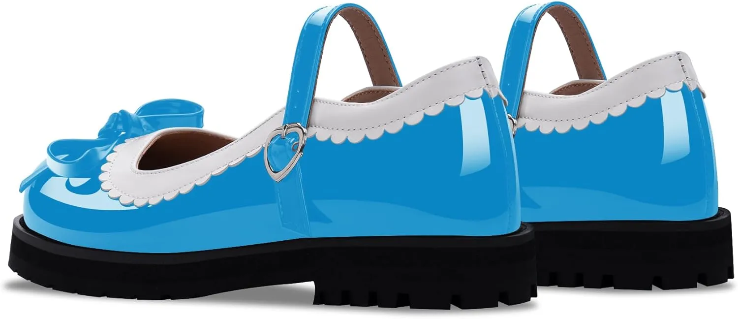 Women's Bow Patent Leather Platform Mary Janes Ankle Strap Closed Toe Kawaii Goth Uniform Flats
