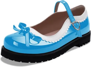 Women's Bow Patent Leather Platform Mary Janes Ankle Strap Closed Toe Kawaii Goth Uniform Flats