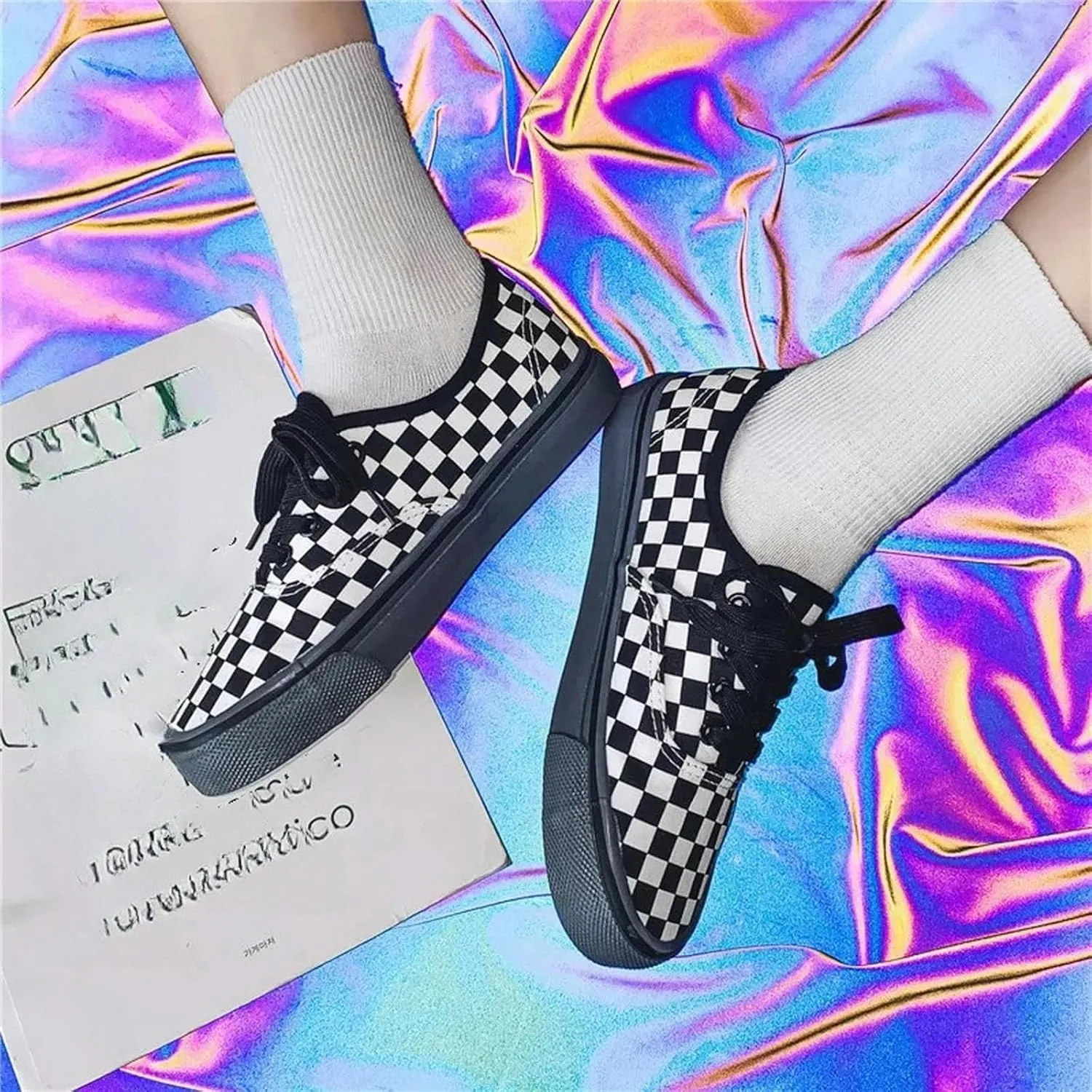 Women's Canvas Shoes Black and White Plaid Canvas Shoes for Men and Women Comfortable Couple Sneakers