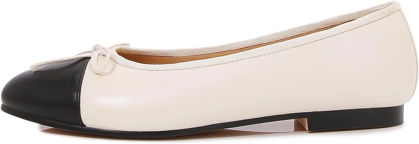 Women's Cap Toe Ballet Flats Two Tone Bow Flats Round Toe Shoes for Women Slip on Casual, Work, Dress Flats Pumps for Women