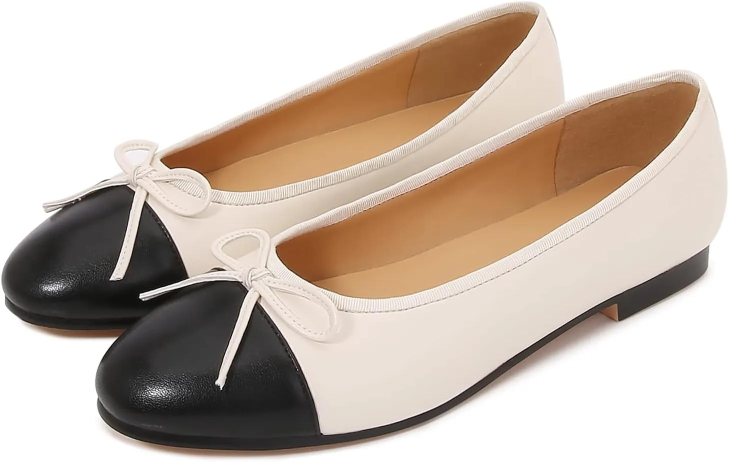 Women's Cap Toe Ballet Flats Two Tone Bow Flats Round Toe Shoes for Women Slip on Casual, Work, Dress Flats Pumps for Women