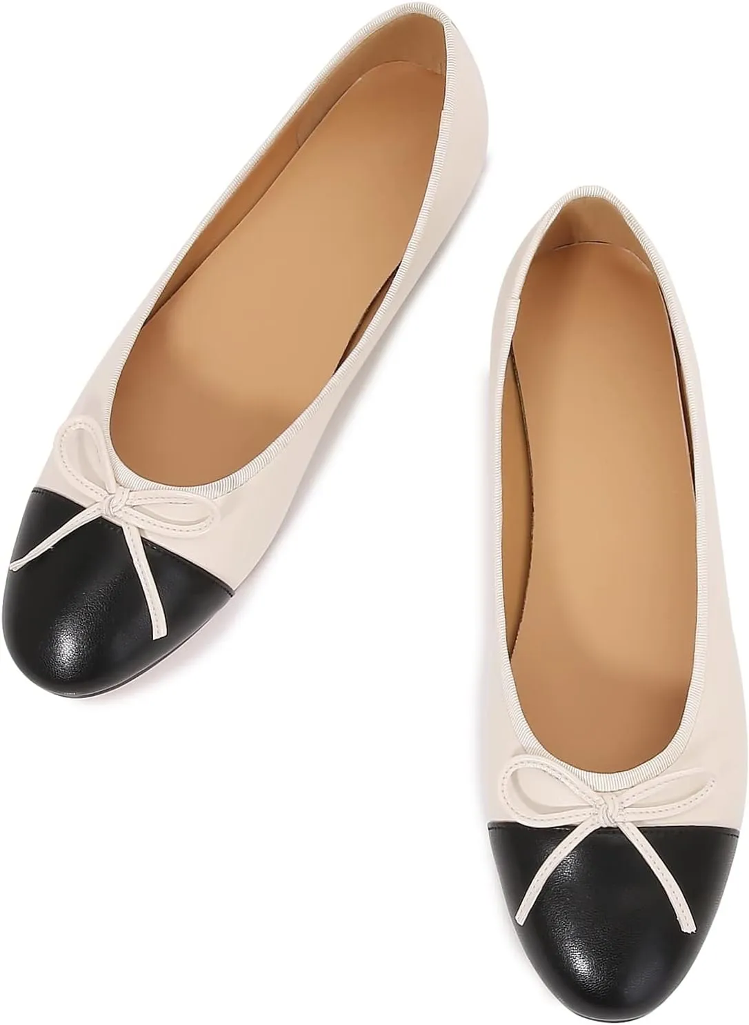 Women's Cap Toe Ballet Flats Two Tone Bow Flats Round Toe Shoes for Women Slip on Casual, Work, Dress Flats Pumps for Women