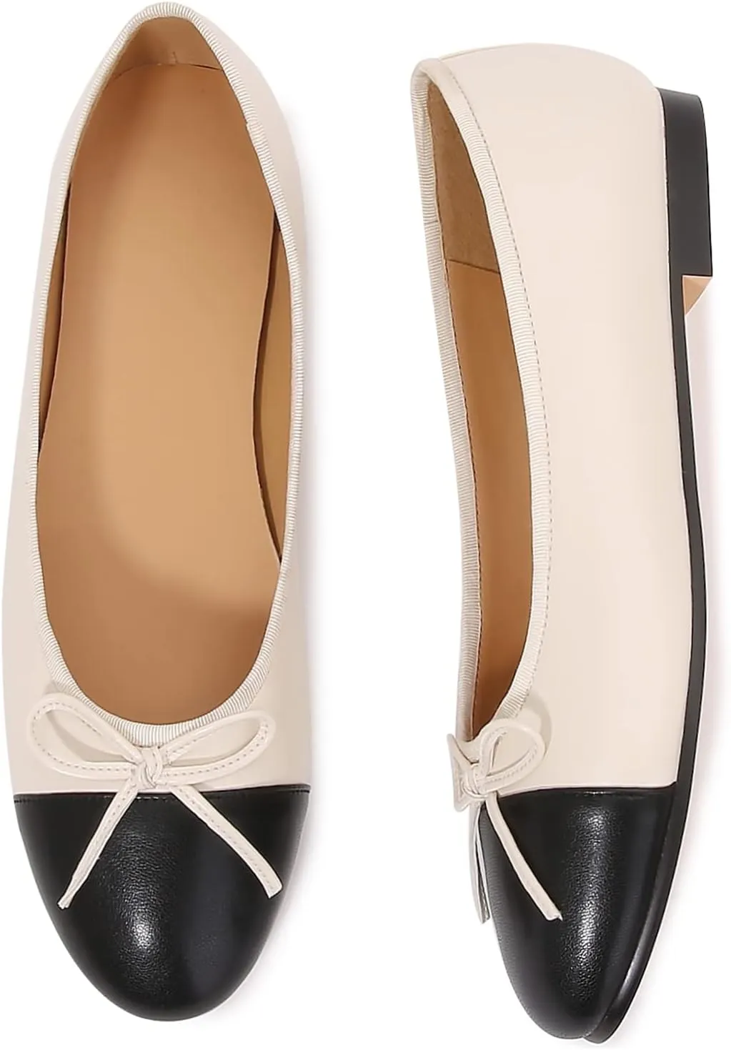 Women's Cap Toe Ballet Flats Two Tone Bow Flats Round Toe Shoes for Women Slip on Casual, Work, Dress Flats Pumps for Women