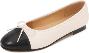 Women's Cap Toe Ballet Flats Two Tone Bow Flats Round Toe Shoes for Women Slip on Casual, Work, Dress Flats Pumps for Women