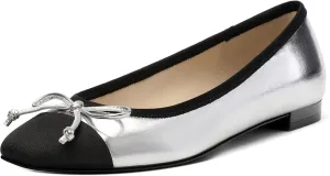 Women's Cap Toe Flats, Square Toe Ballet Flats with Bow, Two Tone Slip On Dress Flats for Women