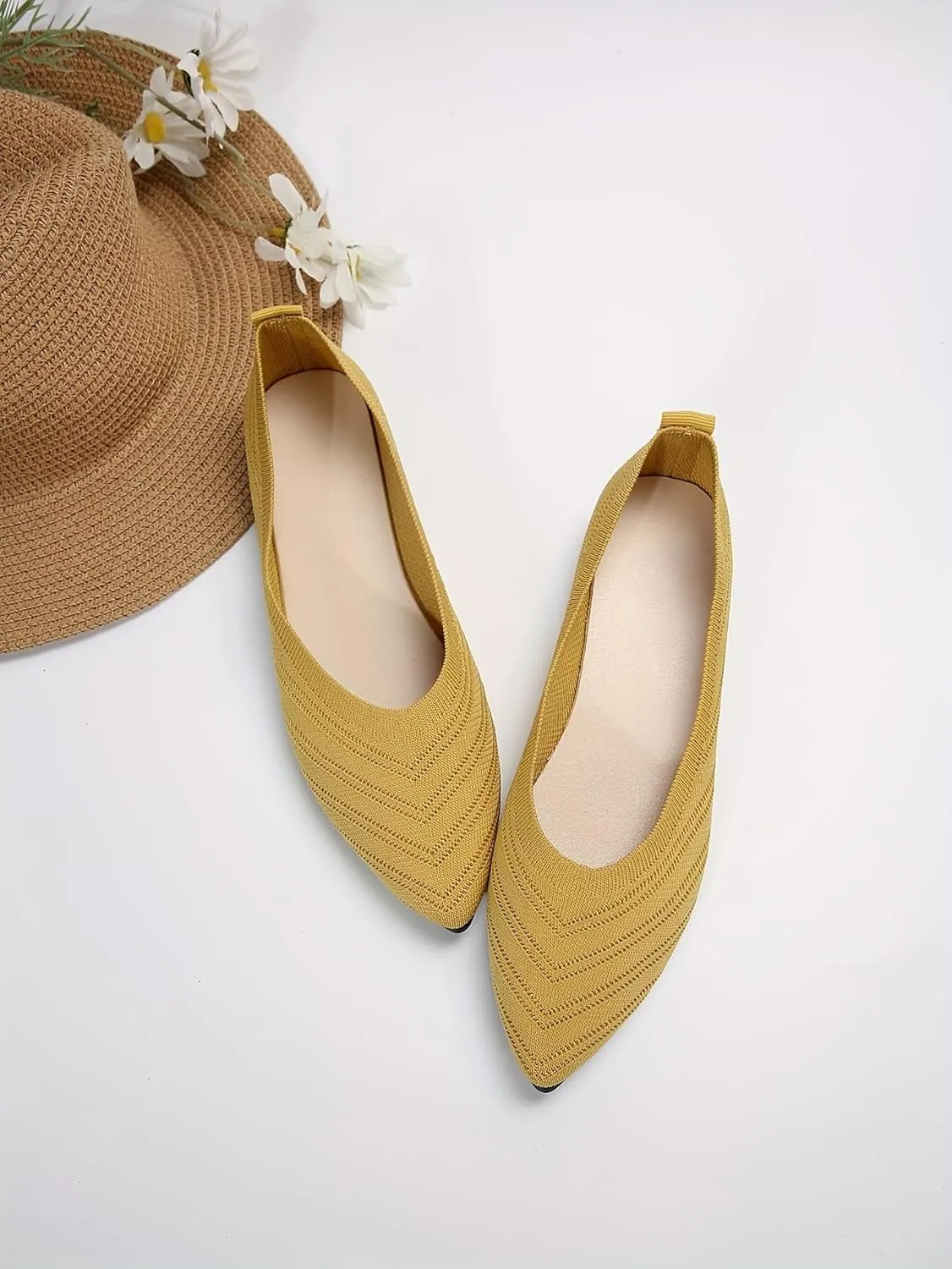 Women’s Chic Breathable Ballet Flats – Knit Pointed Toe Slip-On Shoes, Solid Color Casual Comfort for All-Day Wear