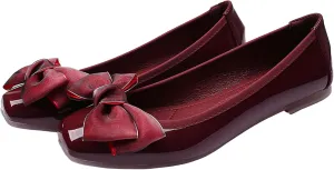Women's Chic Patent Leather Ballet Flats Elegant Bow Square Toe Slip-On Shoes for Office Party Formal Events