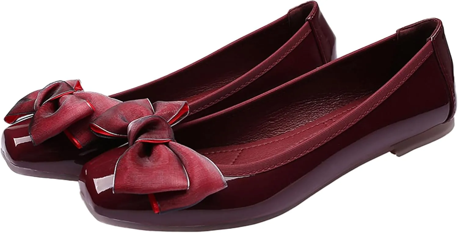 Women's Chic Patent Leather Ballet Flats Elegant Bow Square Toe Slip-On Shoes for Office Party Formal Events