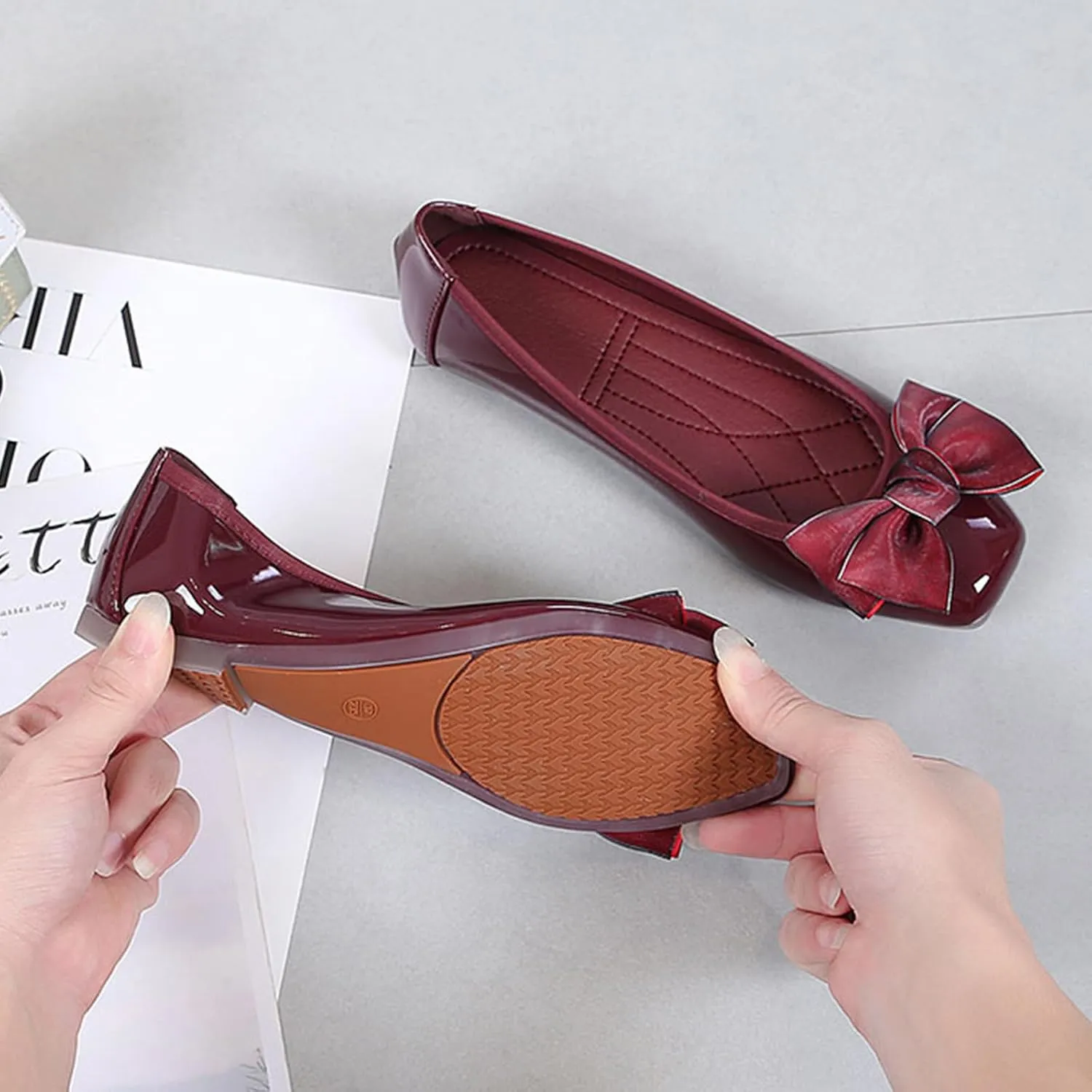 Women's Chic Patent Leather Ballet Flats Elegant Bow Square Toe Slip-On Shoes for Office Party Formal Events