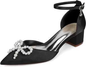 Women's Chunky Low Block Heel Wedding Dress Pumps Closed Pointed Toe Sandals with Pearls Ankle Strap Bridal Shoes