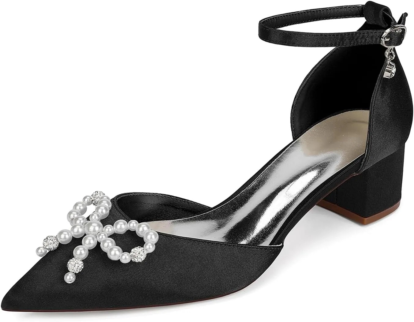 Women's Chunky Low Block Heel Wedding Dress Pumps Closed Pointed Toe Sandals with Pearls Ankle Strap Bridal Shoes