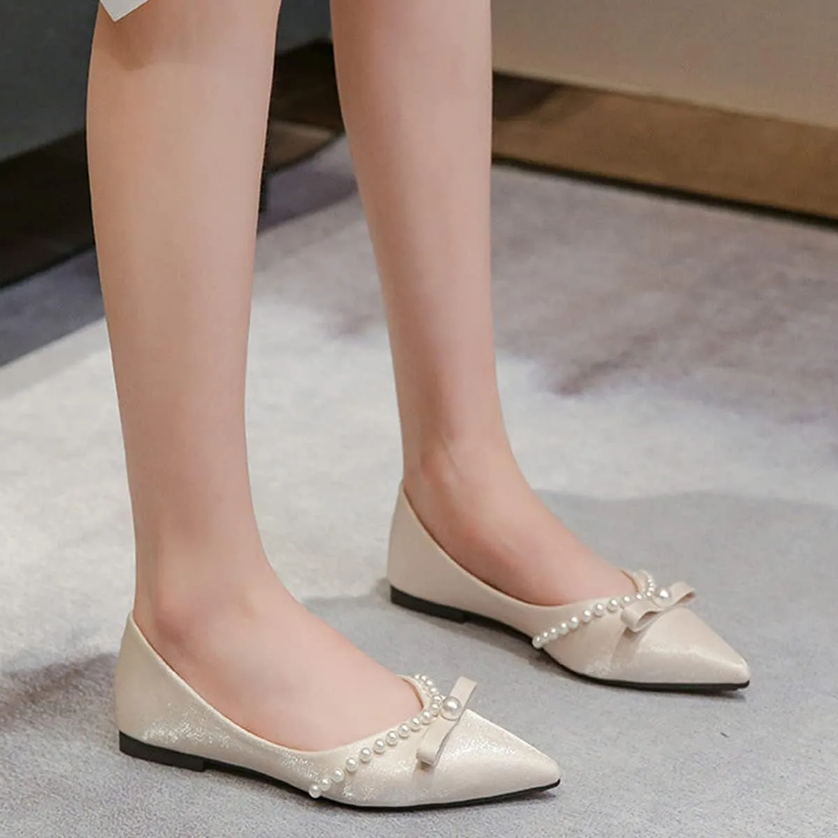 Women's Classy Flats Pointed Toe Beaded Bowtie Flat Shoes Dress Ballets Elegant Ladies Court Party Wedding Shoes