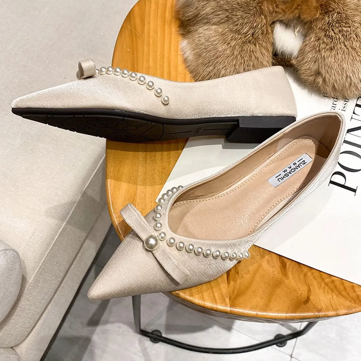 Women's Classy Flats Pointed Toe Beaded Bowtie Flat Shoes Dress Ballets Elegant Ladies Court Party Wedding Shoes