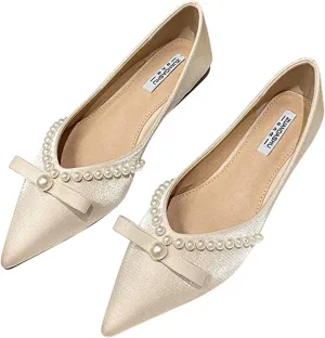 Women's Classy Flats Pointed Toe Beaded Bowtie Flat Shoes Dress Ballets Elegant Ladies Court Party Wedding Shoes