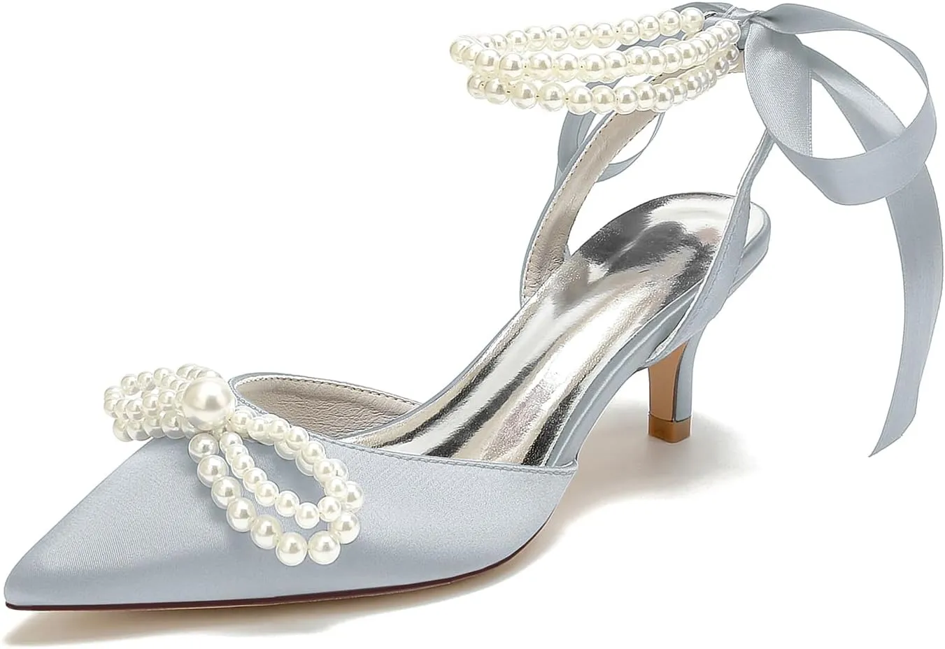 Women's Closed Toe Wedding Shoes Pearls Low Heel Slingback Kitten Heels Pointed Toe Bow Pumps High Heeled Prom Dress Shoes Sandals