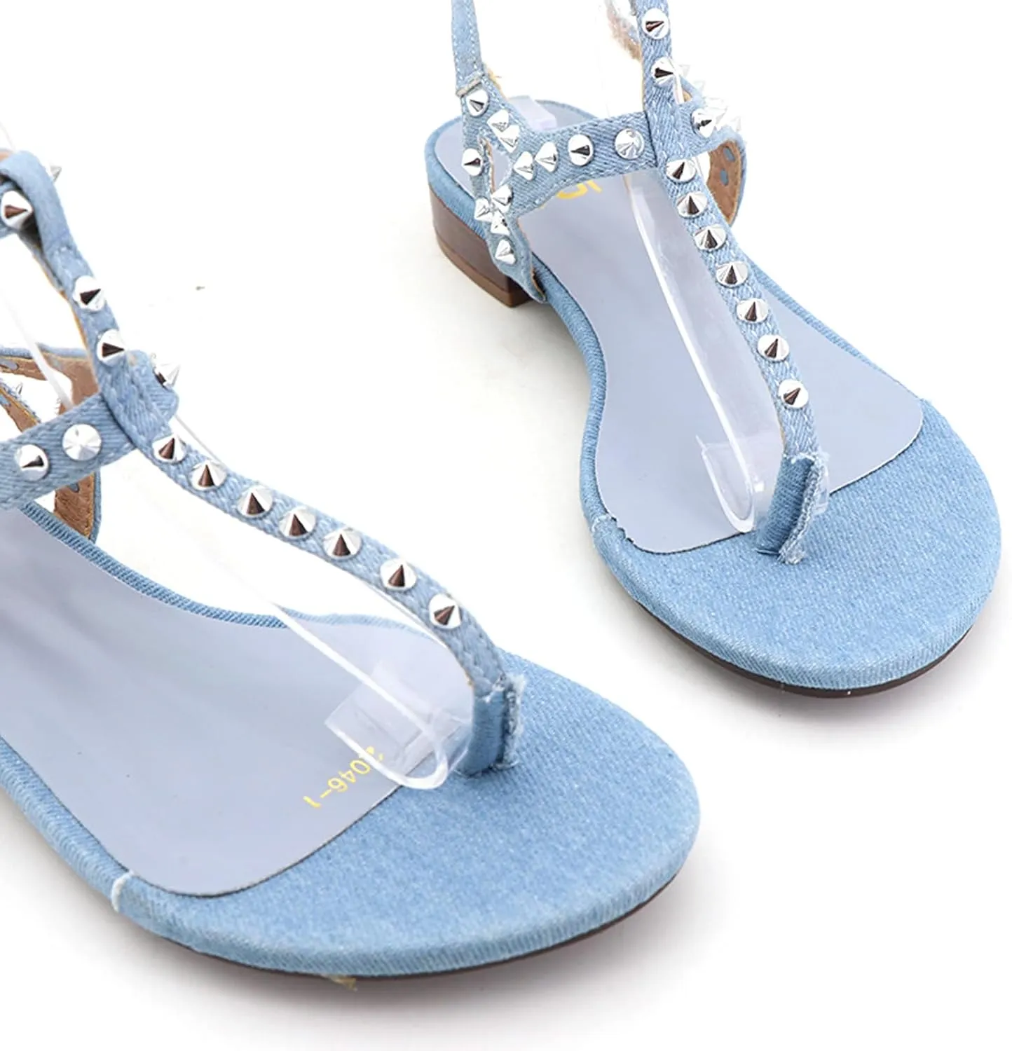 Women's Denim Strappy Flats Sandals with Studded Ankle Strap Summer Flip Sandals Comfort Non Slip Fashion Dress Shoe