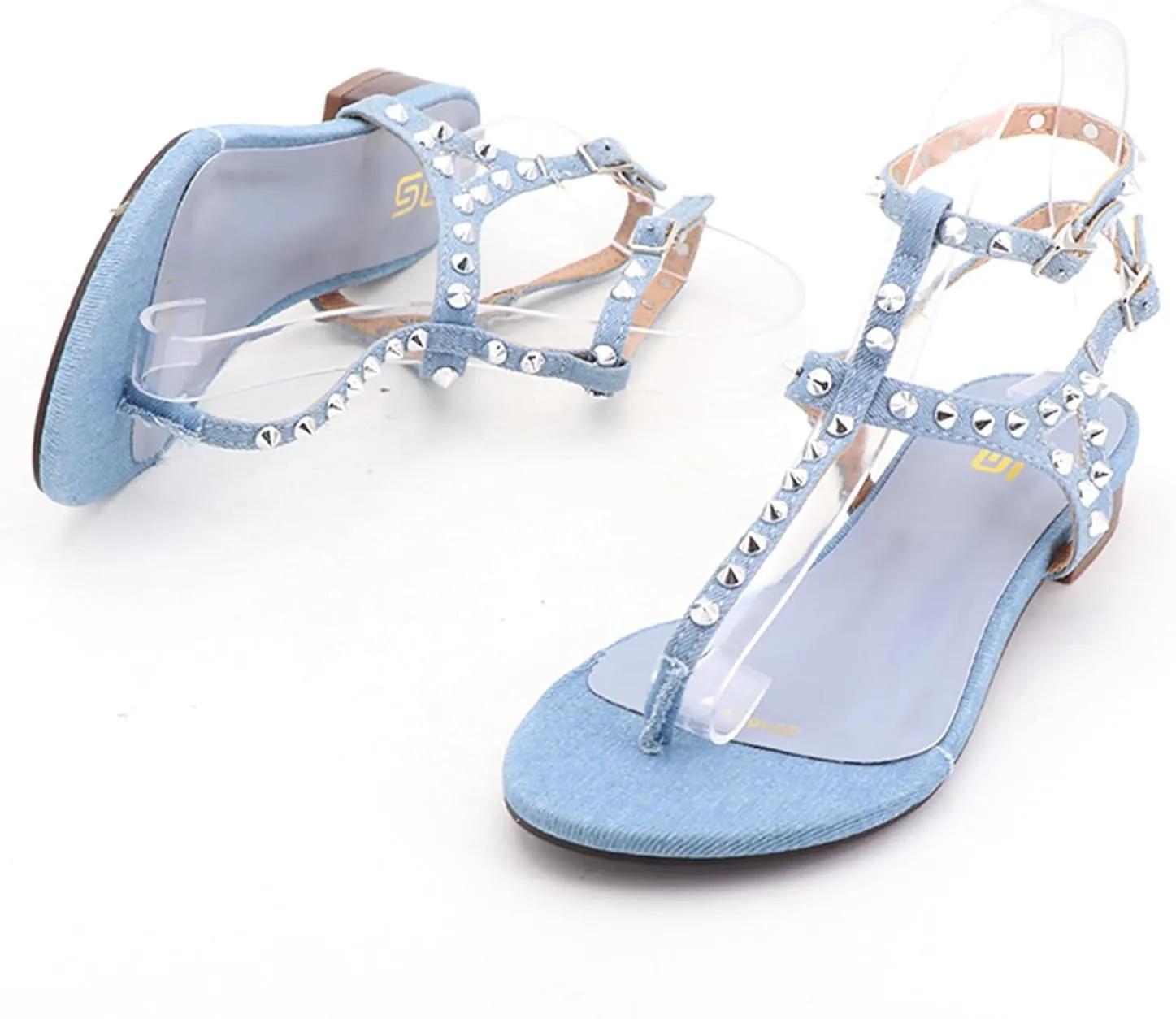 Women's Denim Strappy Flats Sandals with Studded Ankle Strap Summer Flip Sandals Comfort Non Slip Fashion Dress Shoe