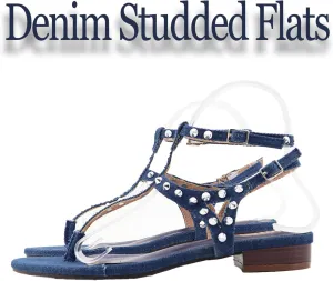 Women's Denim Strappy Flats Sandals with Studded Ankle Strap Summer Flip Sandals Comfort Non Slip Fashion Dress Shoe