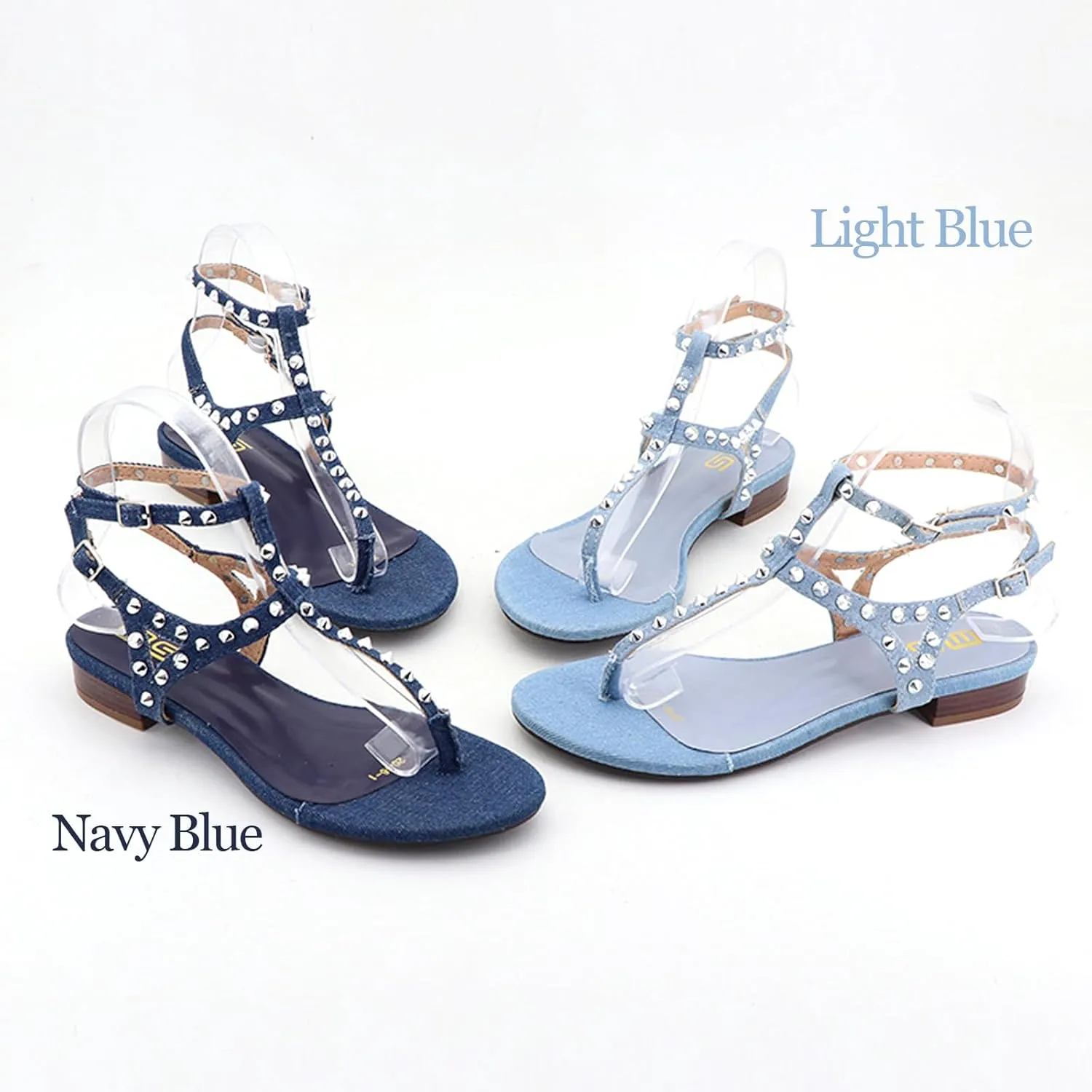 Women's Denim Strappy Flats Sandals with Studded Ankle Strap Summer Flip Sandals Comfort Non Slip Fashion Dress Shoe
