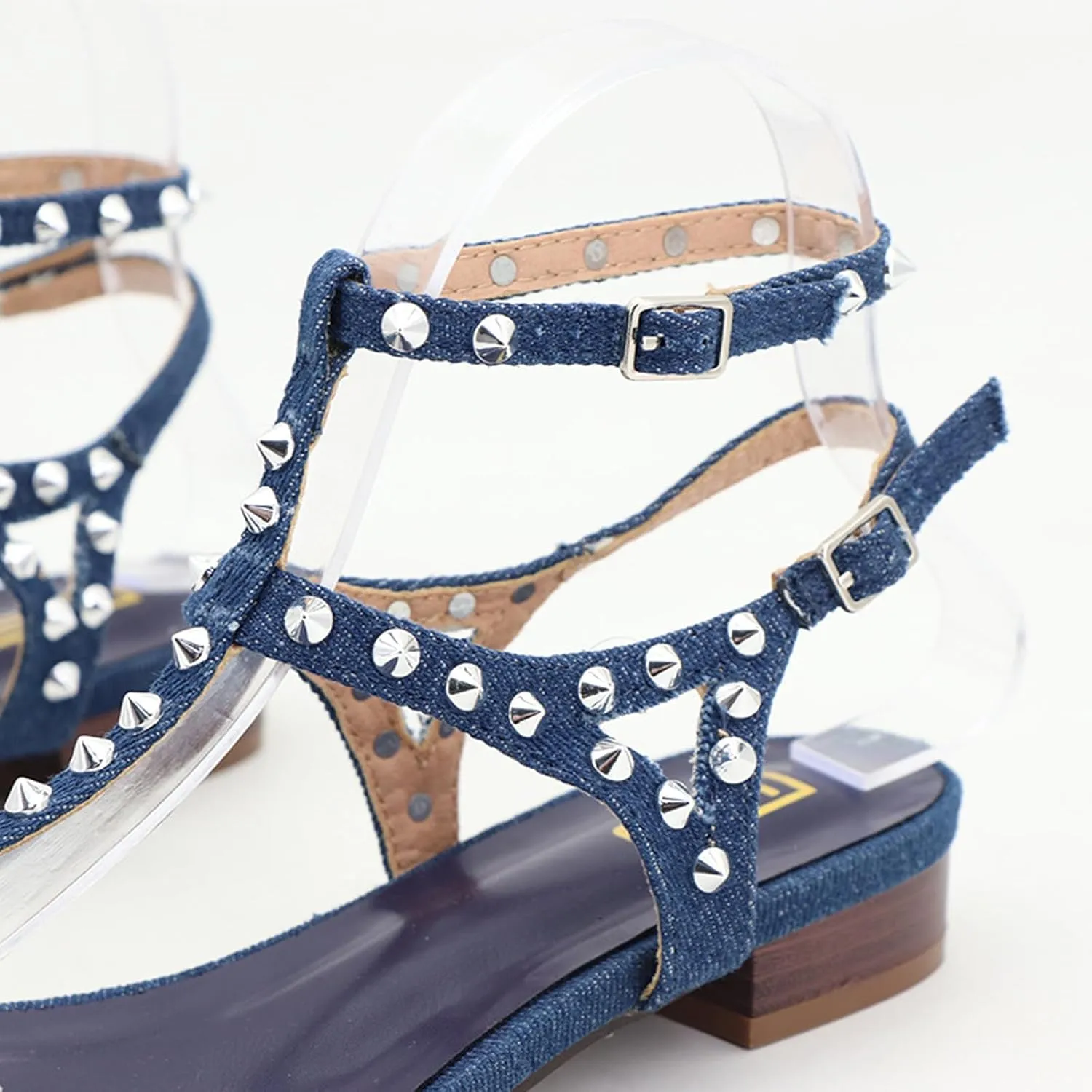 Women's Denim Strappy Flats Sandals with Studded Ankle Strap Summer Flip Sandals Comfort Non Slip Fashion Dress Shoe