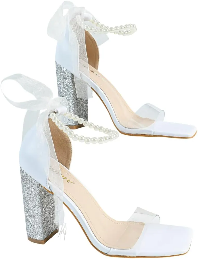 Women's Floral Embroidered High Heel Sandals – Elegant Mesh & Leather Bridal Shoes with Adjustable Ankle Strap, Comfortable Block Heel Wedding Sandals for Brides & Formal Events