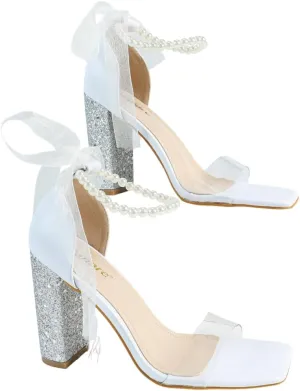 Women's Floral Embroidered High Heel Sandals – Elegant Mesh & Leather Bridal Shoes with Adjustable Ankle Strap, Comfortable Block Heel Wedding Sandals for Brides & Formal Events